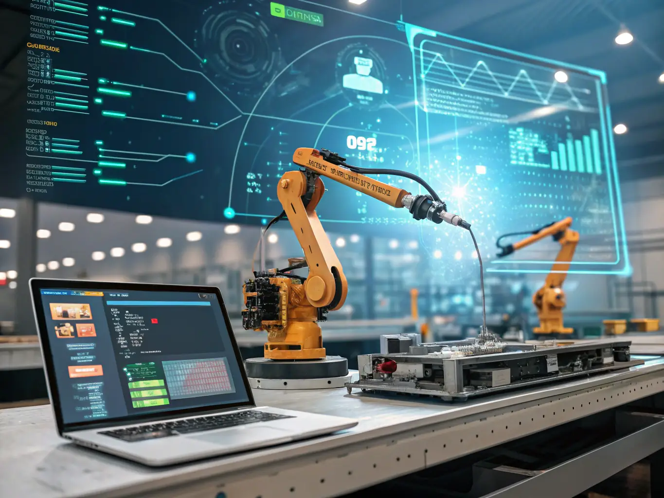 A futuristic graphic illustrating AI-powered automation in a business setting, showing data streams and robotic arms working in harmony.