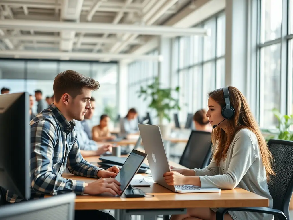 An image depicting a modern office environment with employees efficiently communicating and collaborating using corporate email systems.