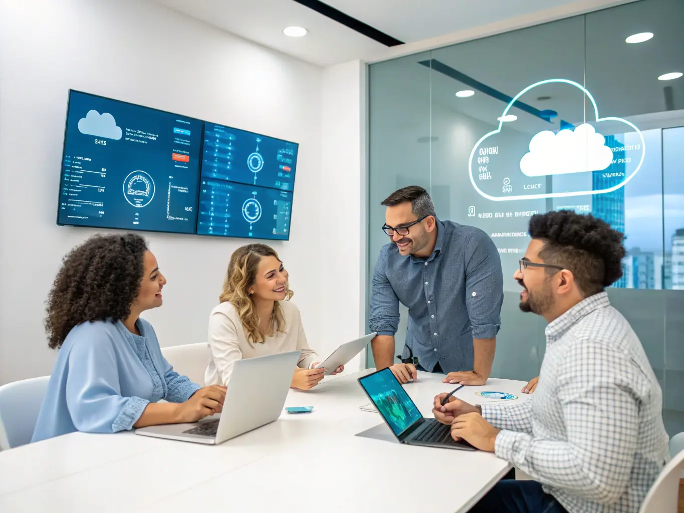 A professional photograph showcasing a team of IT consultants collaborating on a cloud migration strategy, with Azure logos subtly visible in the background.